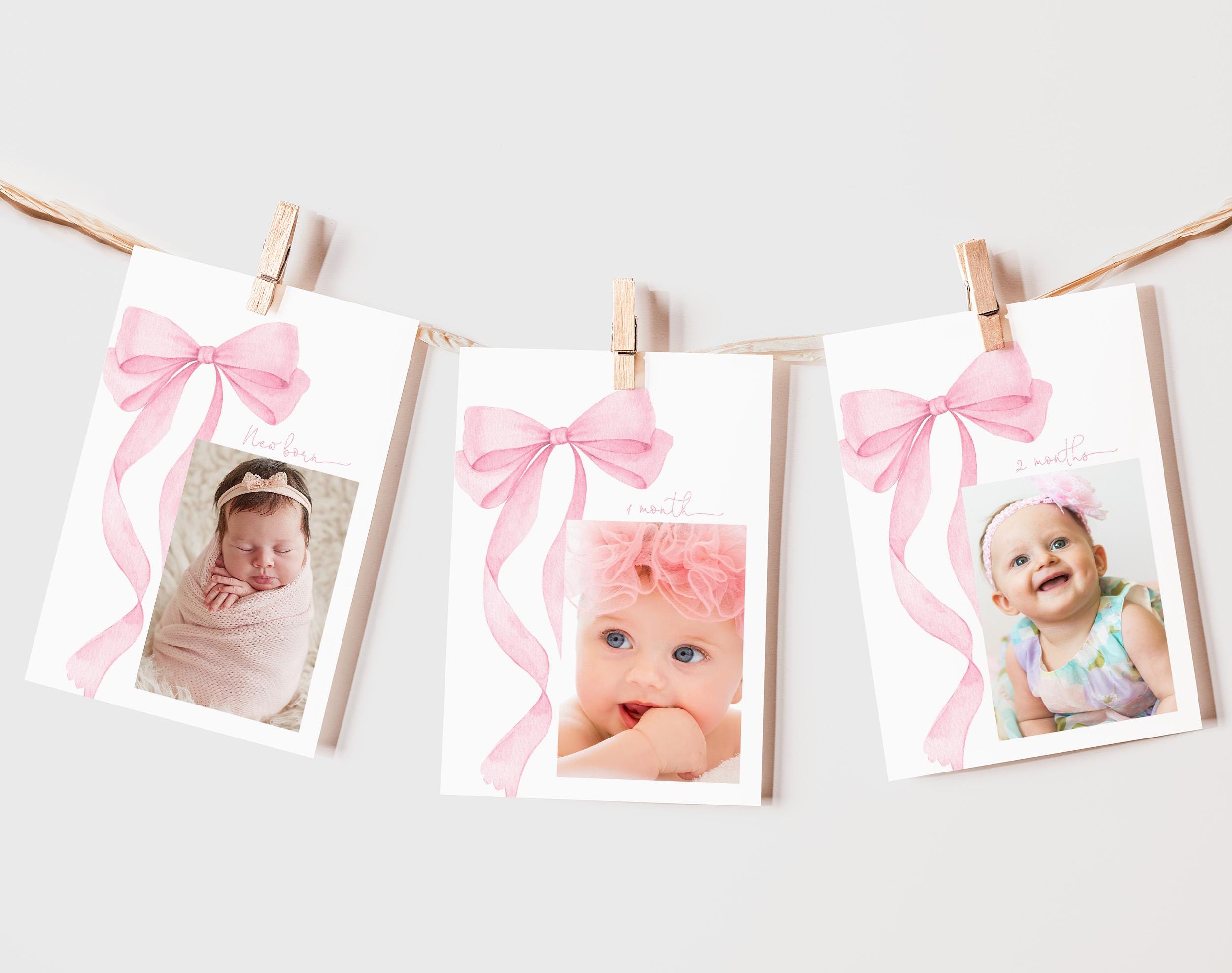 Roze strik eerste jaar foto banner coquette verjaardag maandelijkse gors vlag aquarel roze lint slinger elegante partij decor BEWERKBARE AT63P