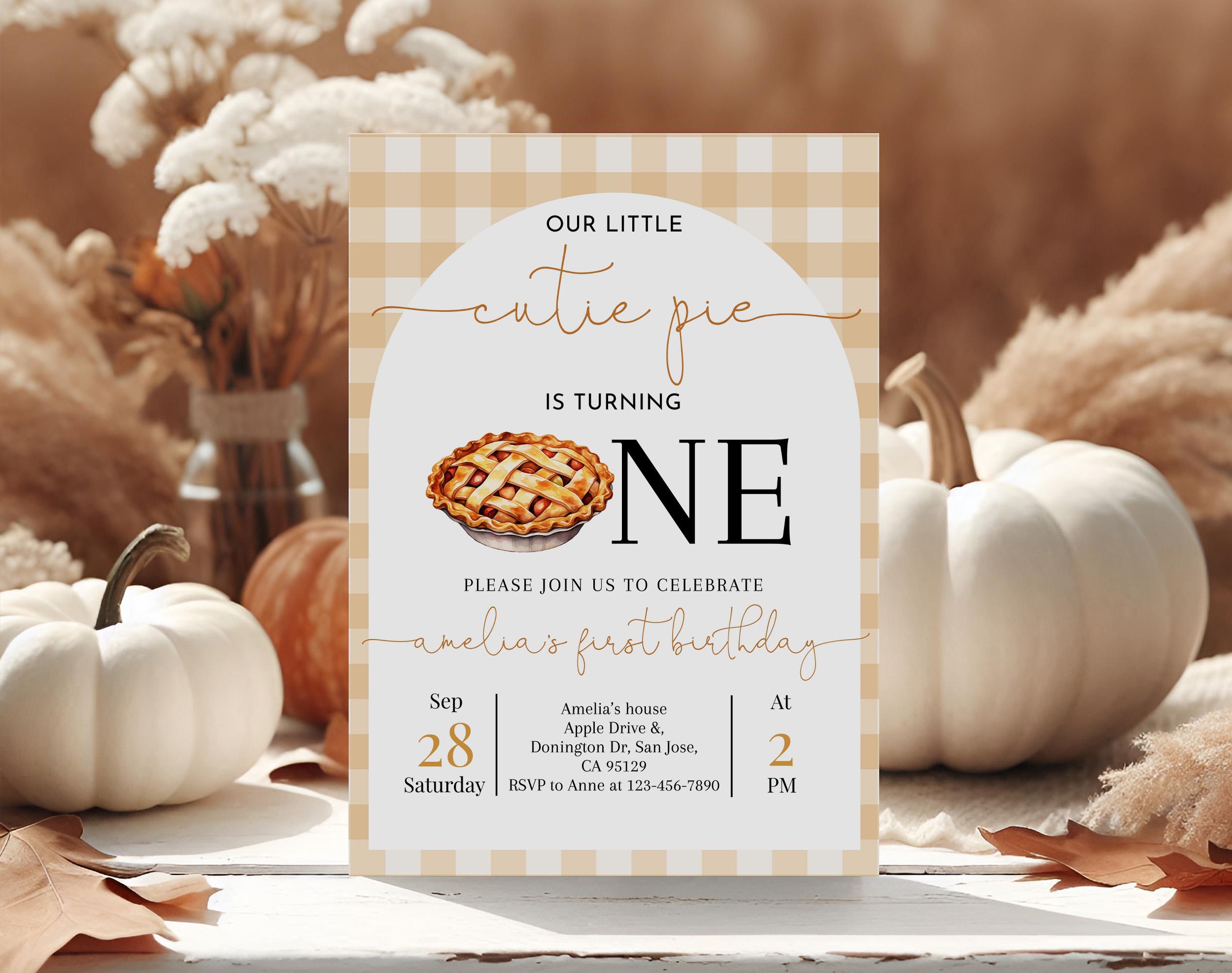 Cutie Pie Birthday Invitation Fall First 1st Birthday Party Invite Pumpkin Pie Sweet As Pie Sweetie Pie Thanksgiving Autumn EDITABLE AT37O