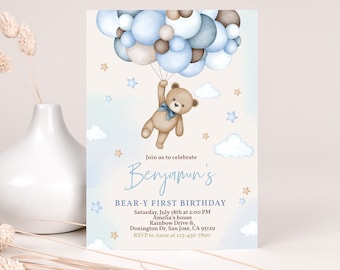 Invitation d'anniversaire ours en peluche Beary premier anniversaire fête inviter garçon 1er bleu herbe de la pampa Boho montgolfières modèle MODIFIABLE BT81B