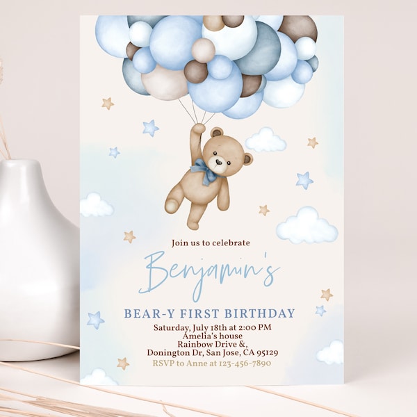 Teddy Bear Birthday Invitation Beary First Birthday Party Invite Boy 1st Blue Pampas Grass Boho Hot Air Balloons EDITABLE Template BT81B