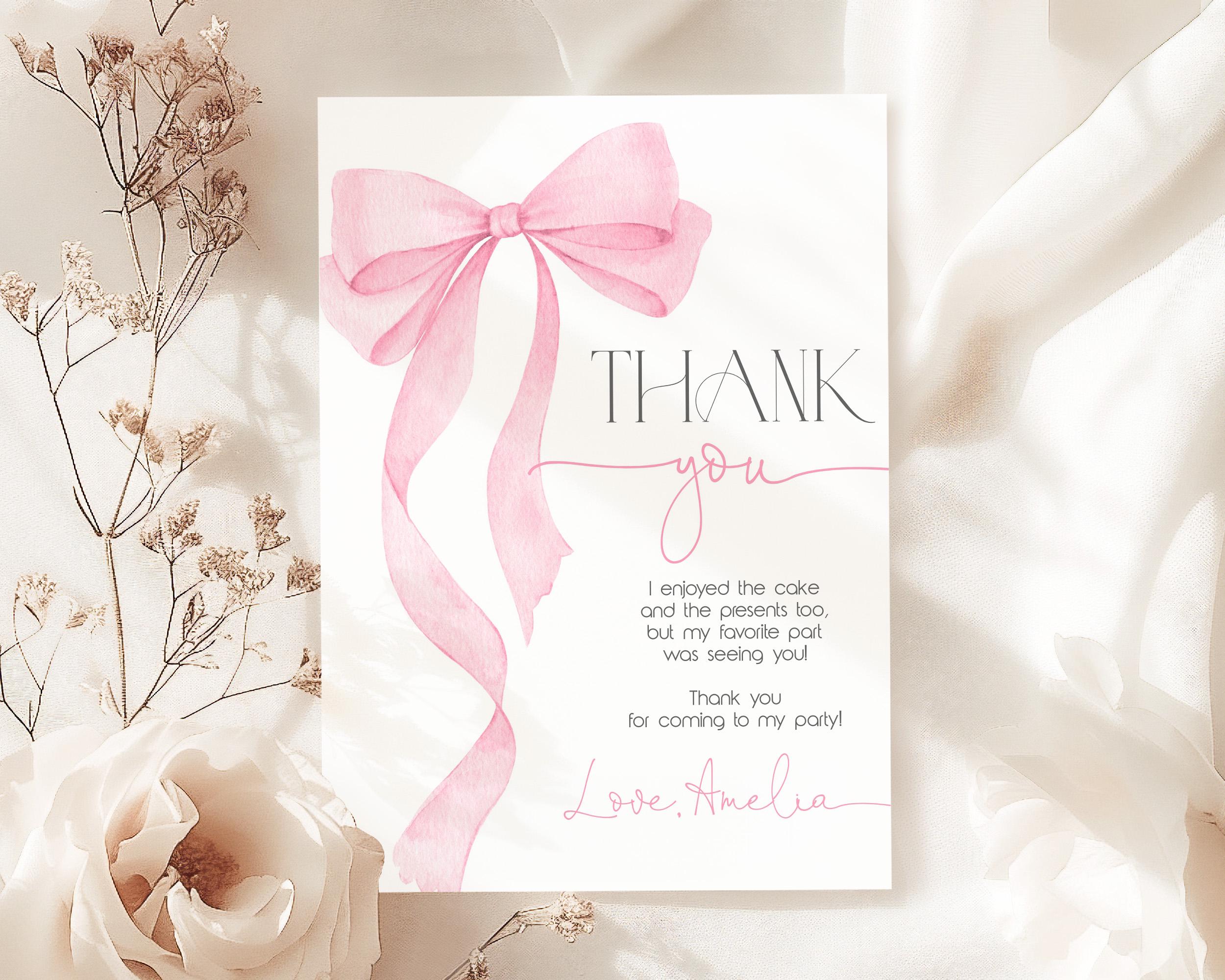 Pink Bow Baby Shower Thank You Card Coquette Girl 1st Birthday Note ...
