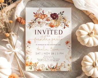 Fall Pumpkins Birthday Invitation, Orange White Burgundy Pumpkin Invite, Boho Floral, Autumn Party EDITABLE CT06O