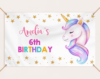 Unicorn Birthday Backdrop Banner Girl First Birthday Party Decor Magical Pastel Rainbow Unicorn Pink Purple Gold Photo Booth EDITABLE BT20P
