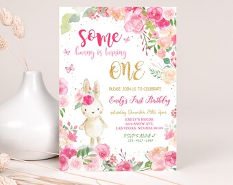 Hasen-Geburtstags-Einladung, ein Hase dreht sich ein, Frühlingsmädchen, erster Tag, errötende rosa Blumen, Blumenkaninchen-Party EDITIERBARE BT60P