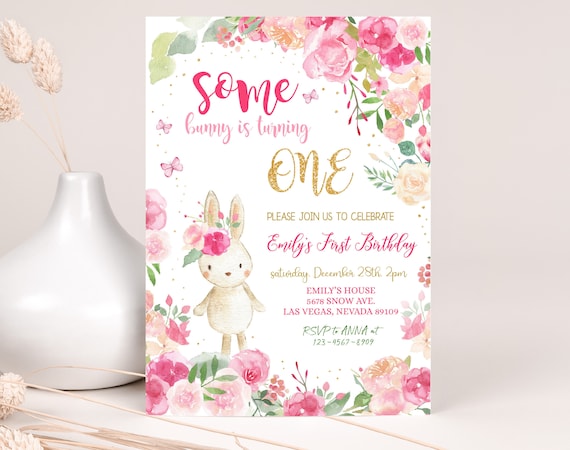 Bunny Birthday Invitation, Some Bunny is Turning One Invite, Spring Girl First Bday, Blush Pink Flowers, Floral Rabbit Party EDITABLE BT60P