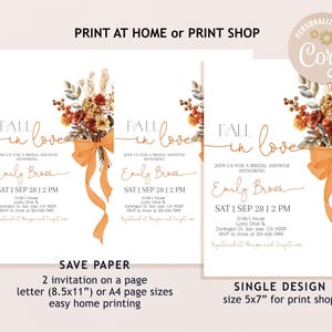 May include: Bridal shower invitations with a floral design in shades of orange, red, and yellow. The text reads "Fall in Love" and includes details like the date, time, and location. The invitations are available in different sizes for home printing.