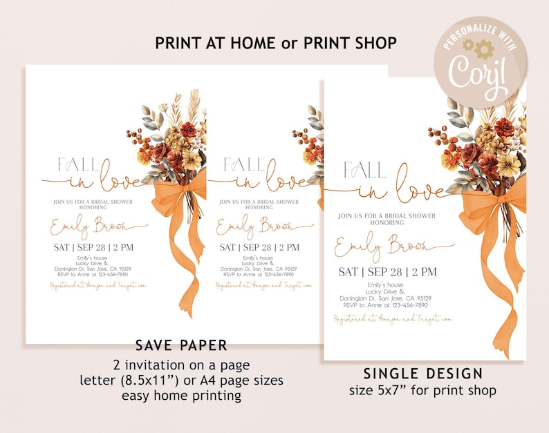 May include: Bridal shower invitations with a floral design in shades of orange, red, and yellow. The text reads "Fall in Love" and includes details like the date, time, and location. The invitations are available in different sizes for home printing.