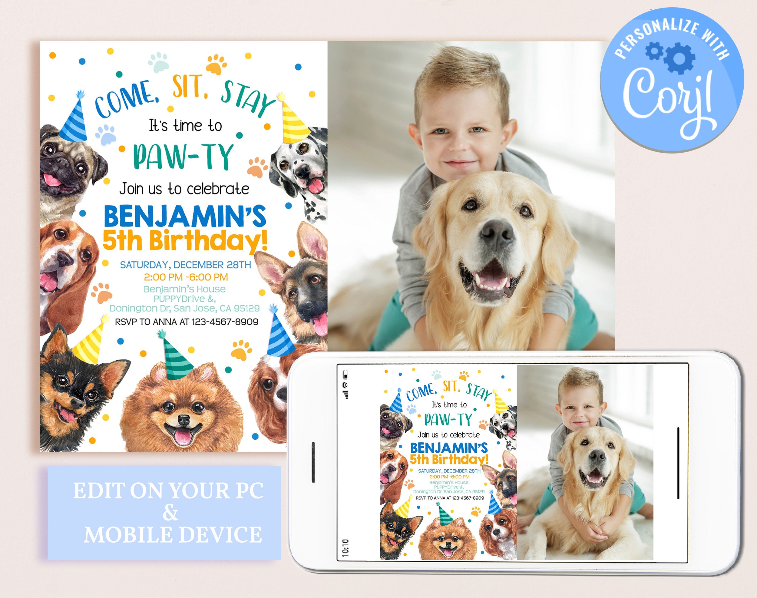 Dog Birthday Photo Invitation Boy 1st Birthday Party Invite Blue Puppy ...