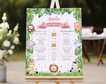 May include: A personalized birthday sign for a first birthday, featuring the name "Amelia" and jungle animal illustrations. The sign includes details like height (20 inches), weight (26 pounds), and favorite things.