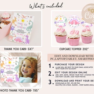 May include: Printable dinosaur-themed thank you card and cupcake topper set. The thank you card features a colourful dinosaur design with the text "Thank You for Stomping By". The cupcake topper is a round circle with a dinosaur design and the text "Three Rex".