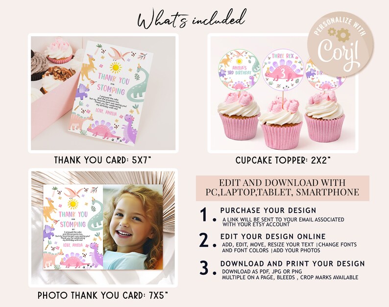 May include: Printable dinosaur-themed thank you card and cupcake topper set. The thank you card features a colourful dinosaur design with the text "Thank You for Stomping By". The cupcake topper is a round circle with a dinosaur design and the text "Three Rex".