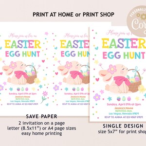 May include: Printable Easter egg hunt invitation featuring a pink bunny rabbit holding a basket of colorful eggs. The invitation has a pink, yellow, blue, and green color scheme with a white background. The text on the invitation reads "Please join us for an Easter Egg Hunt".
