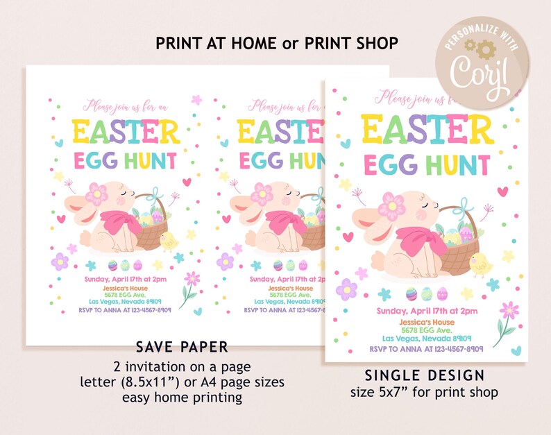 May include: Printable Easter egg hunt invitation featuring a pink bunny rabbit holding a basket of colorful eggs. The invitation has a pink, yellow, blue, and green color scheme with a white background. The text on the invitation reads "Please join us for an Easter Egg Hunt".