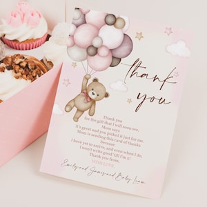 Tarjetas de agradecimiento con osito de peluche, tarjeta de felicitación para baby shower, otoño, primer cumpleaños, boho, pampas, globos rosas, plantilla imprimible BS21P BT81P