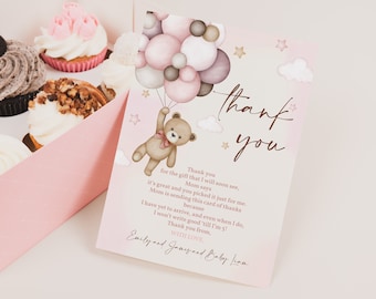 Teddy Bear Thank you Cards Autumn Fall Baby Shower Note Card 1st Birthday Party Boho Pampas Pink Balloons Printable Template BS21P BT81P