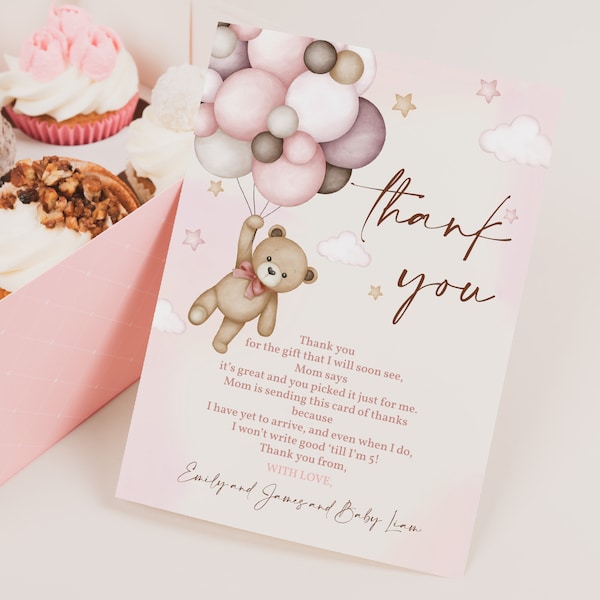 Teddy Bear Thank you Cards Autumn Fall Baby Shower Note Card 1st Birthday Party Boho Pampas Pink Balloons Printable Template BS21P BT81P