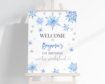 Cartello di benvenuto per compleanno con fiocco di neve, poster Winter Onederland, decorazione per festa del primo compleanno di un bambino, cartello per porta del portico con neve, paese delle meraviglie invernale, modificabile AT19B