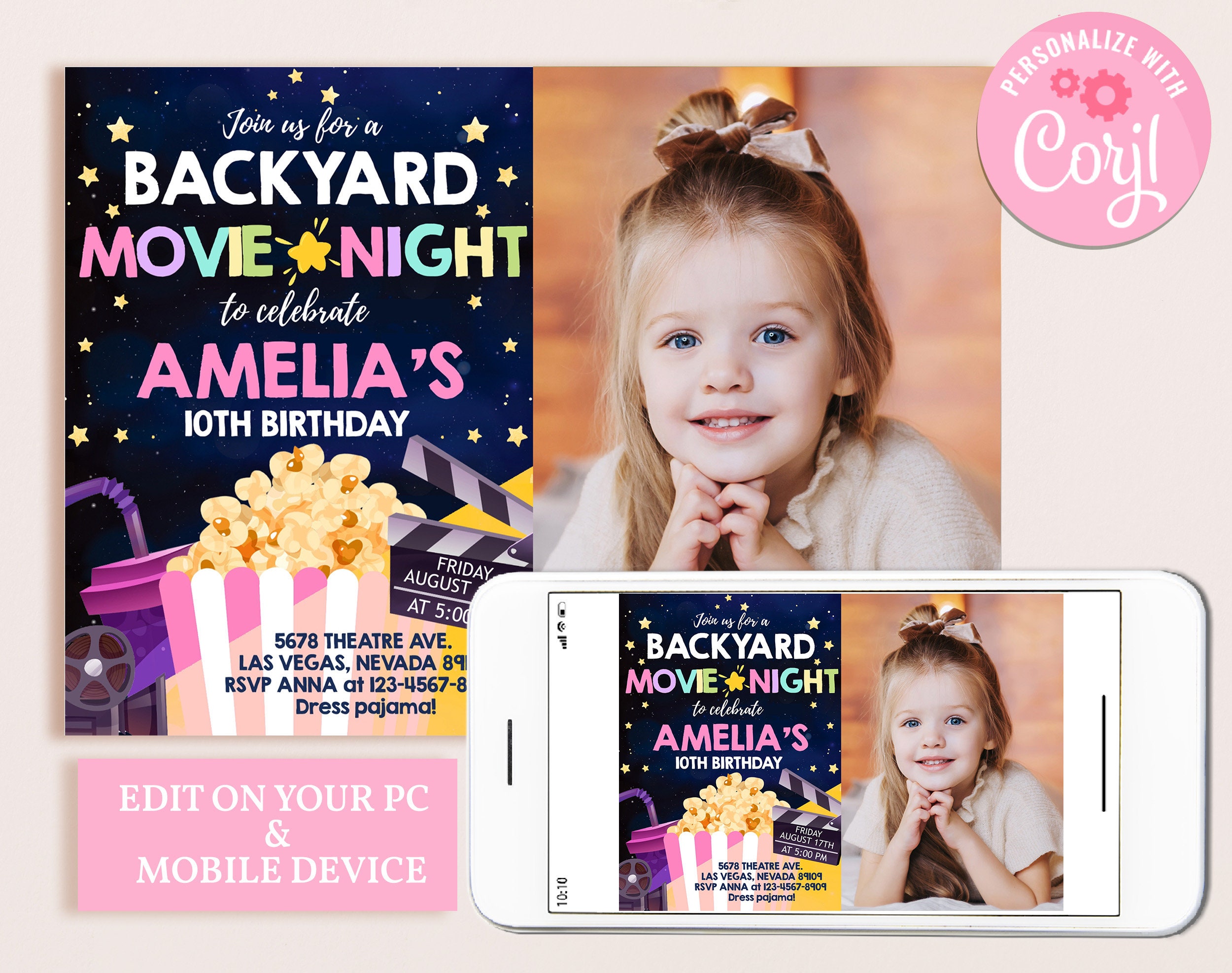 Backyard Movie Night Birthday Photo Invitation Under the Stars Invite ...