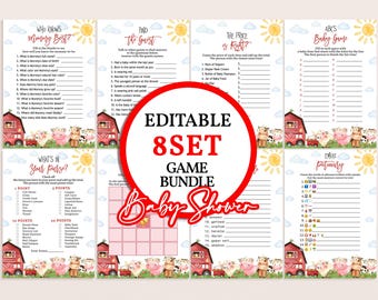 Juego de juegos para baby shower de granja, animales de granero, fiesta de corral rojo, vegetación, rancho, vaca, cerdo, cordero, emoji imprimible, bingo, sopa de letras BS62R