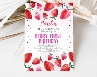 Berry First Birthday Invitation, Strawberry 1st Bday Invite, Red Green Summer Fruit Party, Girl Coquette Citrus, EDITABLE Template BT37P