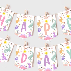 Pastel Dinosaur Birthday Banner Girl 1st Birthday Party Decor Cute Dino Bunting Flag Jungle Animals Wild Stomp Chomp Garland Printable BT98