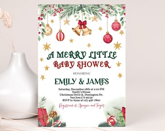 May include: A Christmas-themed baby shower invitation with a red and green color scheme. The invitation features a festive design with ornaments, bells, and stars. The text reads "A Merry Little Baby Shower Honoring Emily & James".