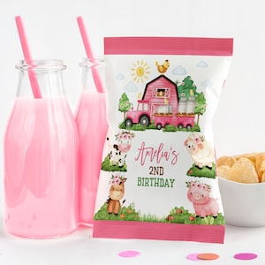 Bauernhof Chipsbeutel Etikett Scheunentiere Mädchen 1. Geburtstag Party Dekoration Rosa Barnyard Tier Ranch Traktor Snack Leckereien Tasche Printable Vorlage AT12P