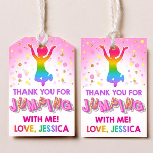 Sprung Favor Tags Jumping Party Geschenk Label Trampolin Hüpfen Haus Danke für das Springen mit mir Aufkleber EDITIERBARE Template Printable BTD034