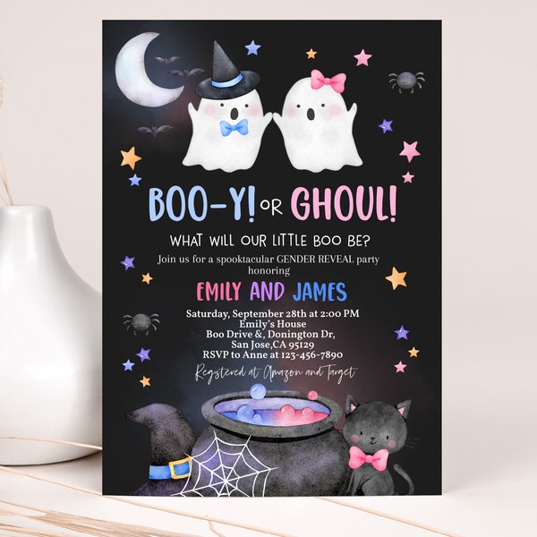 Halloween Gender Reveal Invitation Little Boo Cute Ghost Blue or Pink Halloween Baby Shower Invite Boo-y or Ghoul He or She EDITABLE BS30KM