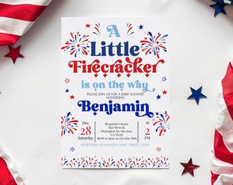 May include: A baby shower invitation with a patriotic theme. The invitation features red, white, and blue colors with the text "A Little Firecracker is on the way" and details for the event, including the name Benjamin.