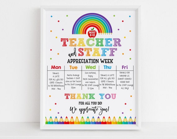Teacher and Staff Appreciation Week Itinerary Poster Schedule Events Flyer Template Apple Rainbow Pencil School PTO PTA Sign EDITABLE HL43