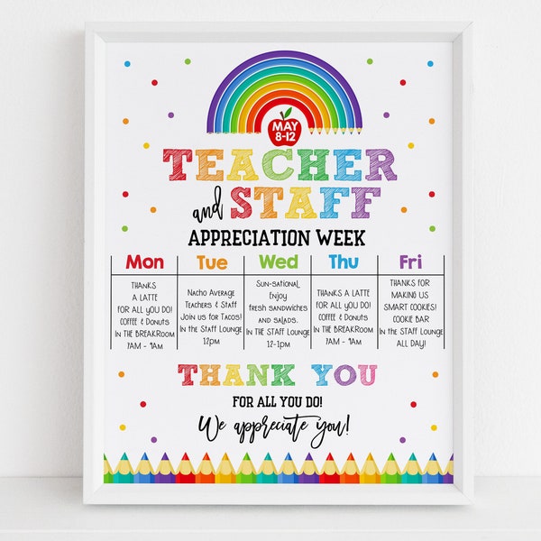 Teacher Appreciation Week Itinerary Poster Printable Staff Sign Classroom Decoration PTO PTA Custom Pastel Rainbow Pencil Door Letters HL43