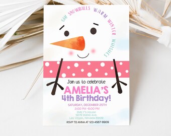 Pink Snowman Birthday Invitation, Christmas Winter Holiday, Snow Much Fun Party Invite, Snowball, Snowflake, Winter Wonderland EDITABLE BT52
