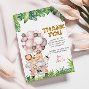 Tarjeta de agradecimiento para baby shower de safari, nota de agradecimiento para cumpleaños en la jungla, fiesta salvaje, animales del zoológico, globos rosas, dorados y verdes, imprimible BS47P BT96P