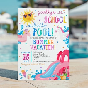 Auf Wiedersehen Schule Hallo Pool Einladung Ende des Jahres Sommerschwimmen Party einladen Waterslide Splish Splash Bash Wasserrutsche Wasserpark EDITIERBAR SU01P