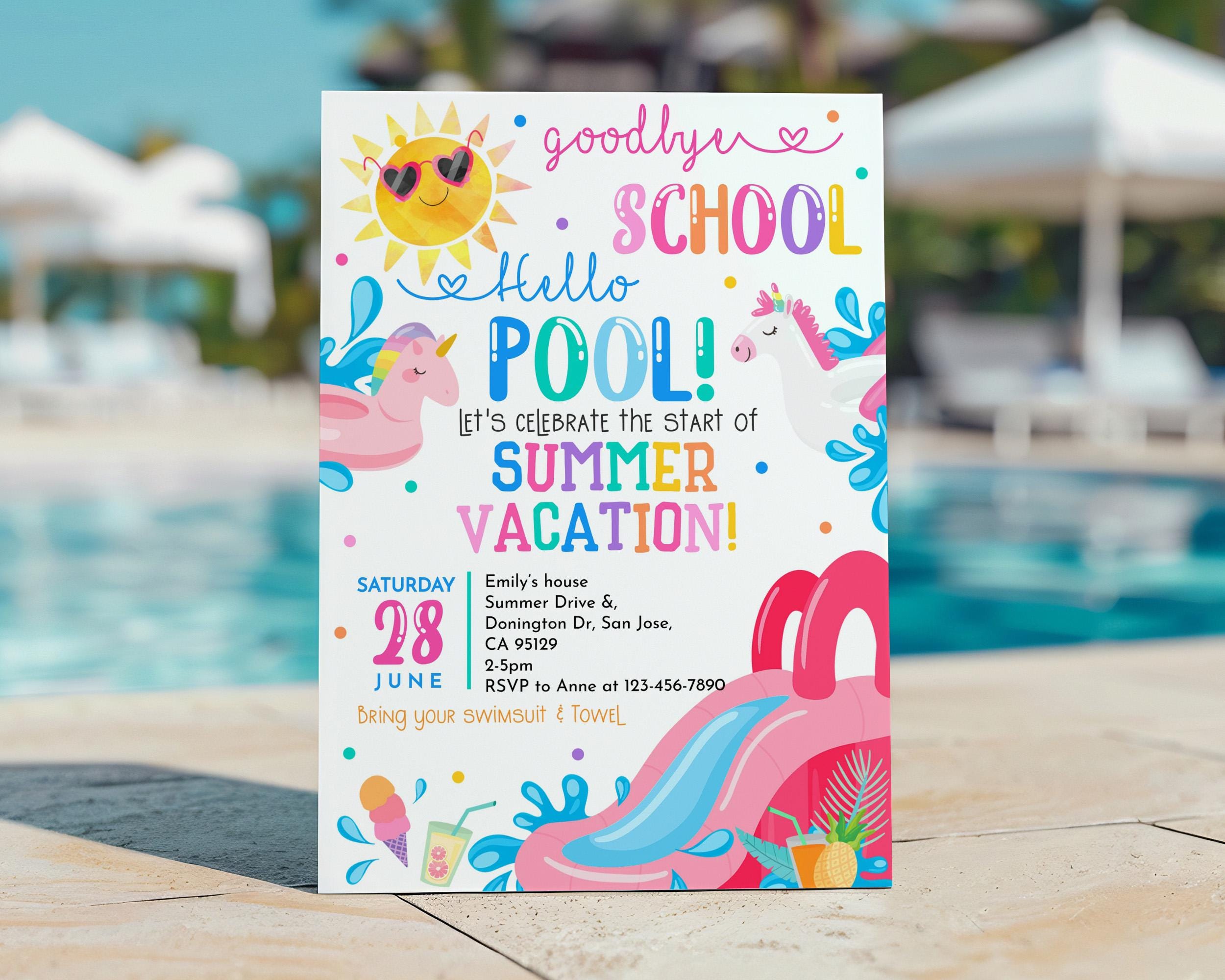 Goodbye School Hello Pool Invitation End of Year Summer Swim Party Invite Waterslide Splish Splash Bash Water Slide Waterpark EDITABLE SU01P