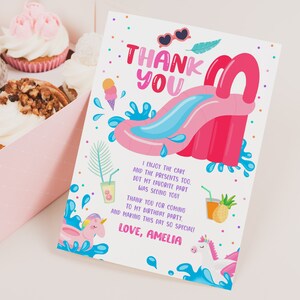 Bedankkaart glijbaan meisje 1e verjaardagsfeestje gunsten roze waterglijbaan zomerzwembadfeest bedankje splash bash afdrukbare BT77P