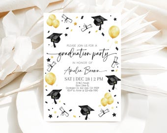 Graduation Party Invitation Black Gold Balloons Grad Party Invite High School College Senior Graduate Announcement 2026 Class EDITABLE HL91K