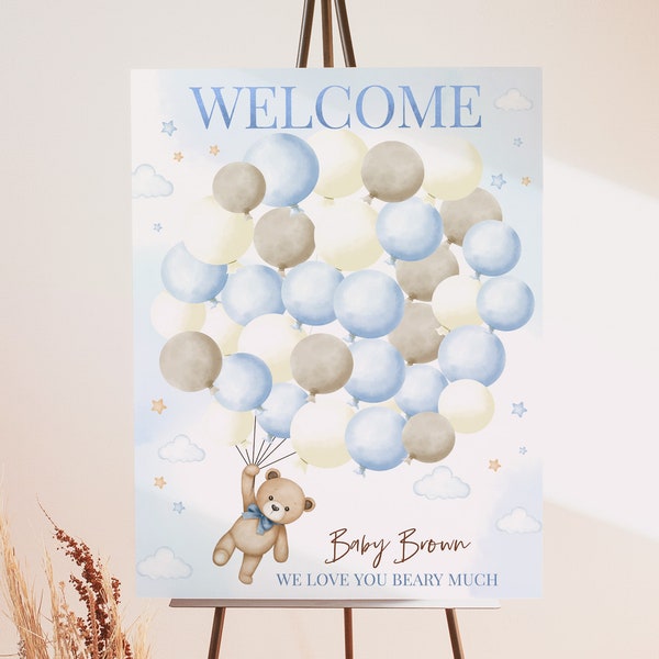 Teddy Bear Fingerprint Guestbook Bear Baby Shower Thumbprint Sign We Can Bearly Wait Poster Boho Blue Pampas Balloons Party EDITABLE BS21B