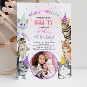 Cat Birthday Invitation Girl 1st Birthday Party Invite Pink Kitty Cat Party Animals Let&#39;s Pawty EDITABLE BT80P