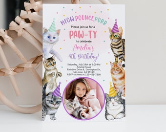 Kitten Birthday Invitation Cat Photo Invitation Kitty Party Invites 1st Girl Lets Pawty Pet Adoption Animal EDITABLE Digital Template BT80