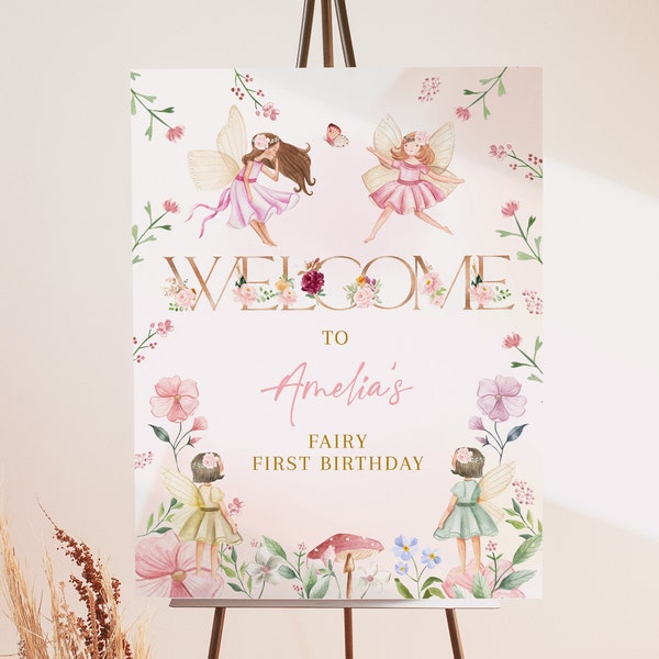 Fairy Birthday Welcome Sign Magical Floral Garden Party Poster Whimsical Enchanted Pixie Porch Yard Sign Girl 1st EDITABLE Template BT31P