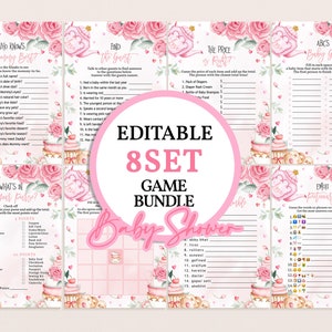 May include: Printable baby shower game bundle with pink floral and teacup designs. The games include "Who Knows Mommy Best?", "Find the Guest", "The Price is Right", "ABC's Baby Game", "What's in Your Purse?", and "Emoji Pictionary".