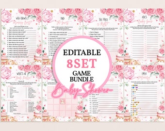Puede incluir: Paquete de juegos de baby shower imprimibles con diseños florales rosas y teteras. Los juegos incluyen "¿Quién conoce mejor a mamá?", "Encuentra al invitado", "El precio es correcto", "Juego de bebé ABC", "¿Qué hay en tu bolso?" y "Pictionary de emojis".