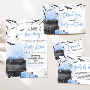 Paquete de invitaciones para baby shower de Halloween &quot;Un bebé está gestando&quot;, conjunto de invitaciones para baby shower de bruja, niño, caldero azul, humo, fiesta espeluznante, editable BS66B