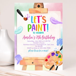 Art Birthday Invitation Painting Party Girl 1st Birthday Invite Watercolor Colorful Rainbow Paint Party Craft Artist Brushes EDITABLE BT75P
