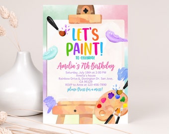 Art Birthday Invitation Painting Party Girl 1st Birthday Invite Watercolor Colorful Rainbow Paint Party Craft Artist Brushes EDITABLE BT75P