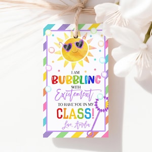 May include: A colorful gift tag with a cheerful sun wearing heart-shaped sunglasses. The tag reads "I AM BUBBLING WITH EXCITEMENT TO HAVE YOU IN MY CLASS! Love, Amelia."