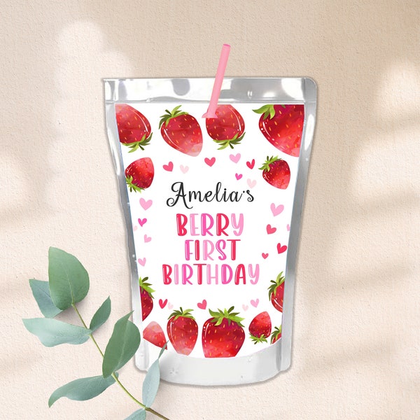Strawberry Capri Sun Label Berry First Birthday Juice Pouch Label Girl 1st Birthday Party Favors Berry Sweet One Wrapper Printable BT37P