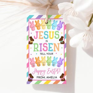 Jezus zmartwychwstał Powiedz swoim ludziom Etykieta na smakołyki w koszyku wielkanocnym Etykieta na upominki religijne na przyjęciu wielkanocnym Dzieci Szkoła niedzielna Kościół Chrześcijański Do druku HL87P